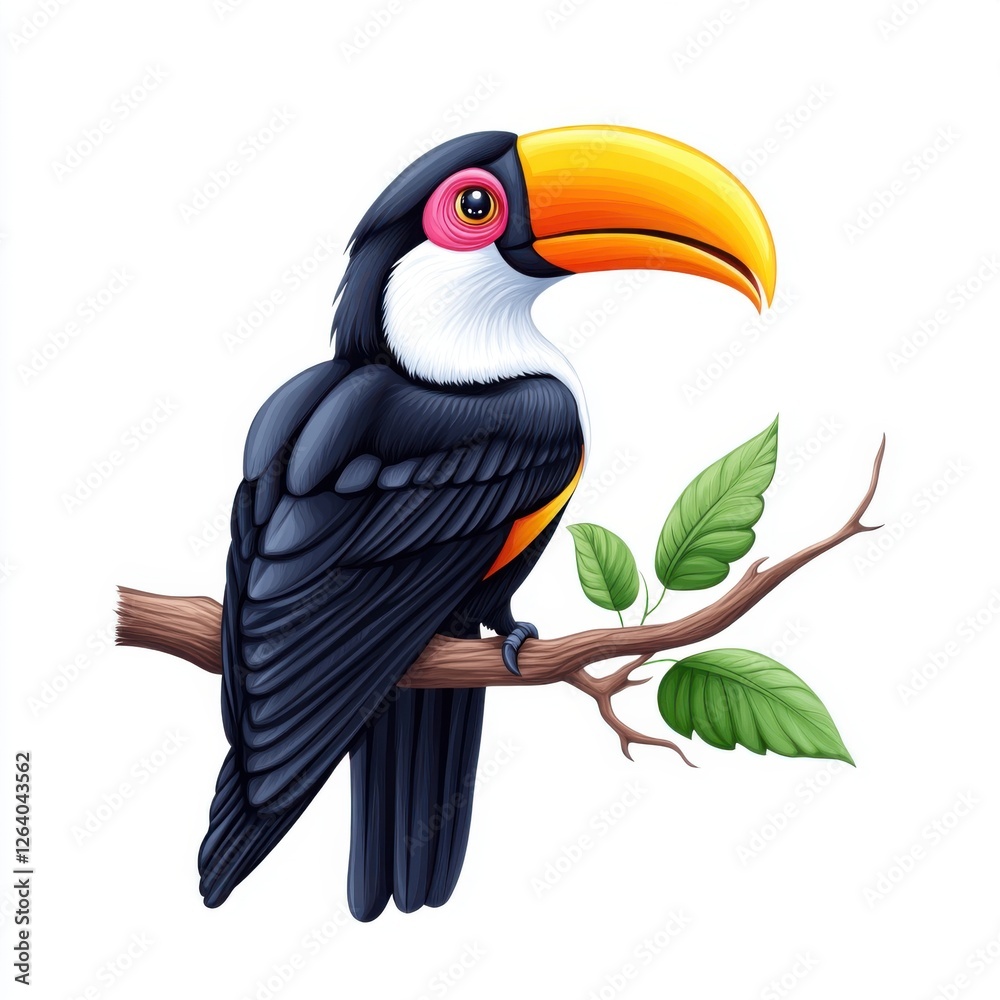 Obraz premium Colorful cartoon toucan perched on a branch with vibrant foliage against a clean white background