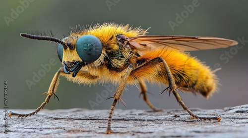 close-up photo of a bee with fuzzy yellow body photo