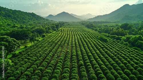 Aerial view of lush green tea plantations with rolling hills and distant mountains under a cloudy sky