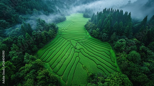 Aerial view of lush green terraced rice fields surrounded by misty mountains and dense forests