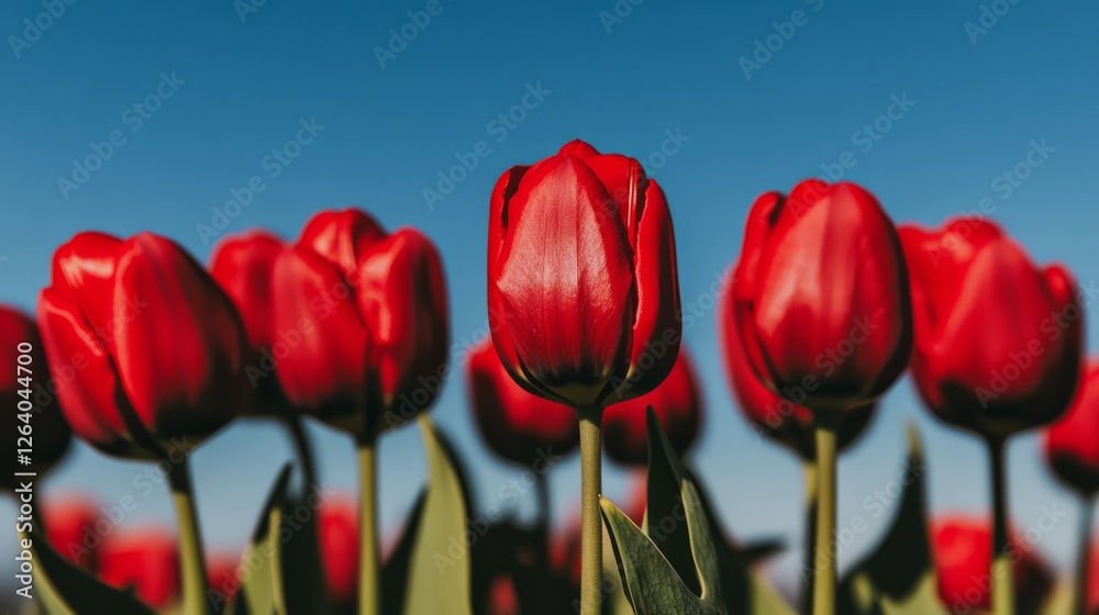 Fototapeta premium close up of pink tulip flowers on a blue background with space for text.