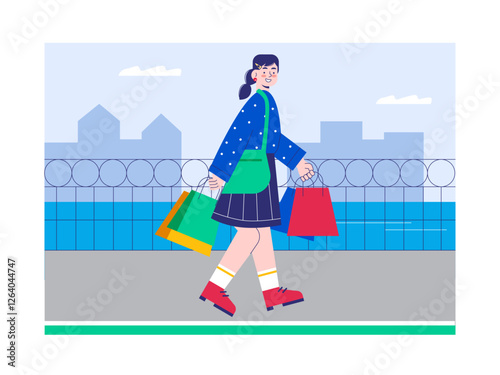 Woman coming home from shopping. Modern urban life illustration. Flat vector illustration concept.
