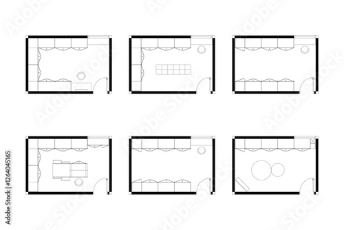 Collection of minimalist 2d vector graphic of a walk-in closet design, highligthing clean lines and efficient use of space. Perfect for architectural plans and interior design concepts. Set 7