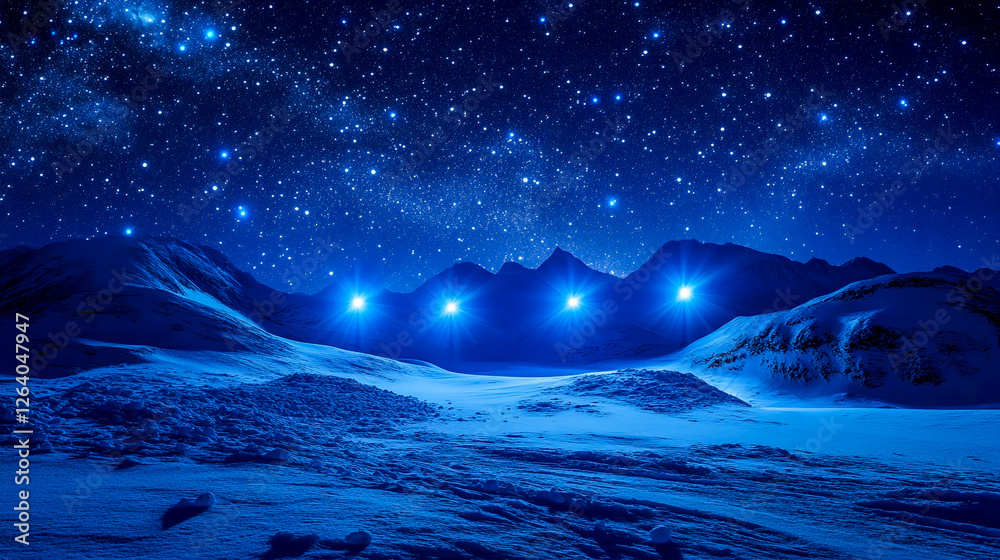 Naklejka premium A Starry Sky Illuminated by Blue Neon Spotlights, Casting a Glow Over the Snow-Covered Landscape