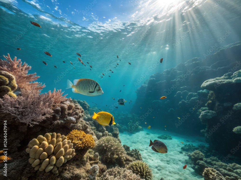 Naklejka premium Underwater Coral Reef Scene with Colorful Fish