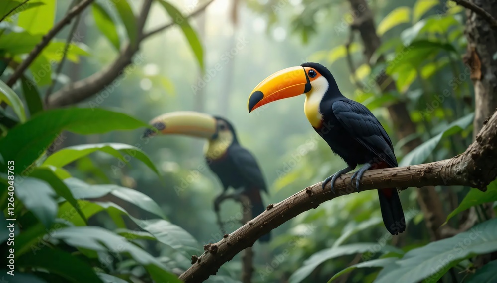 Vibrant Toucans Perched on Branch in Lush Tropical Rainforest Vibrant Toucans Perched on Branch in Lush Tropical Rainforest
