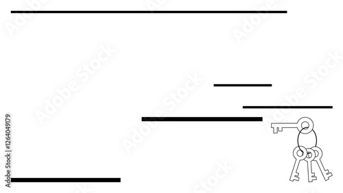 Simple black horizontal lines align beside neatly organized keys, symbolizing access, security, layers of control, decision-making, simplicity, and conceptual clarity. Ideal for business