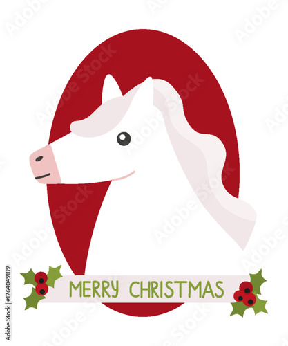 Flat vector Christmas illustration of a white horse with a red oval background. The horse has a flowing white mane, and a Merry Christmas banner poster with holly decorations is placed below