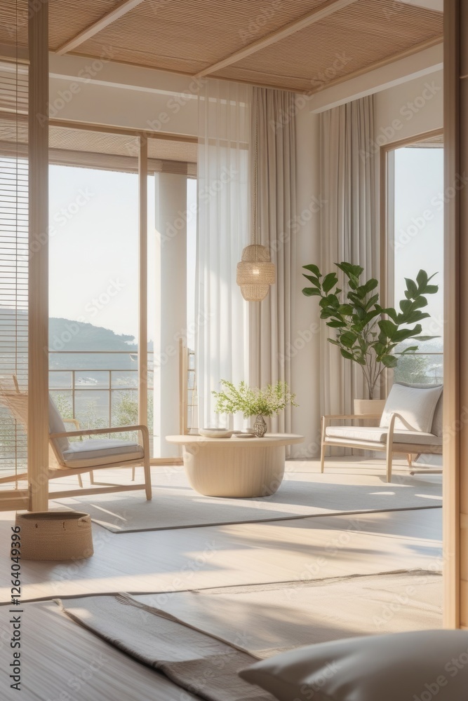 Fototapeta premium Serene Minimalist Living Room With Ocean View