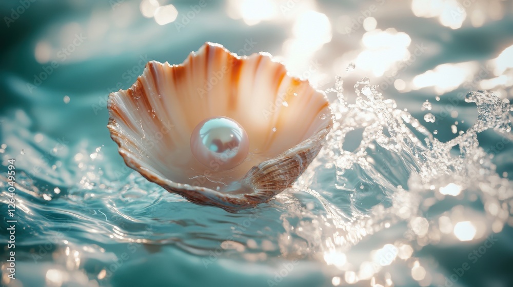 A shell with a luminous pearl, surrounded by soft splashes of clear water. A shell with a luminous pearl, surrounded by soft splashes of clear water.