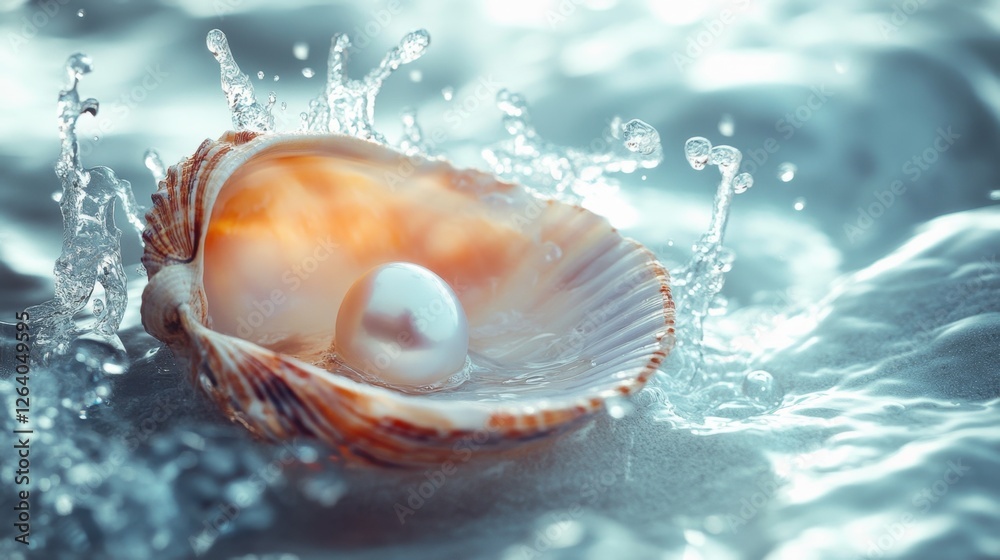 A shell with a luminous pearl, surrounded by soft splashes of clear water. A shell with a luminous pearl, surrounded by soft splashes of clear water.