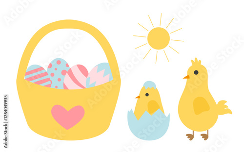 Flat cartoon illustration of a yellow chick and a hatching baby chick near an Easter basket filled with colorful eggs under the sun