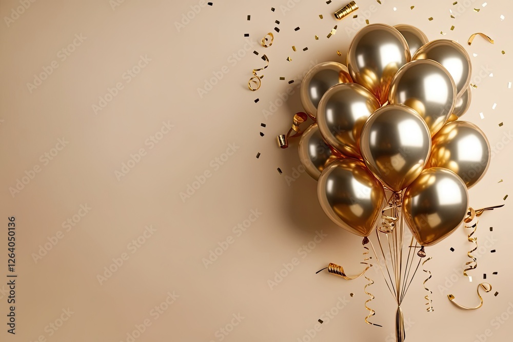 Obraz premium Gold metallic balloons with copy space on light backgrounds for a birthday, Anniversaries, and holiday celebrations