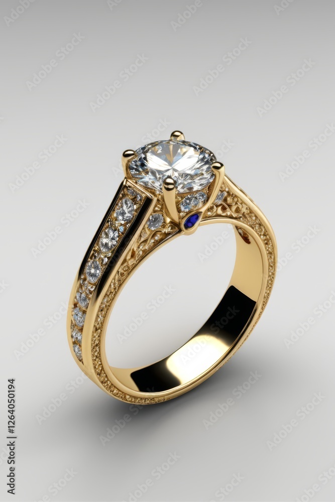 a close up of a gold ring with a diamond and blue sapphire