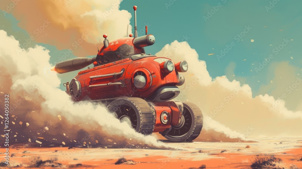 A uniquely designed red sci-fi tank moves through a barren landscape, kicking up dust as it advances. A mix of retro and futuristic aesthetics. AI generated.