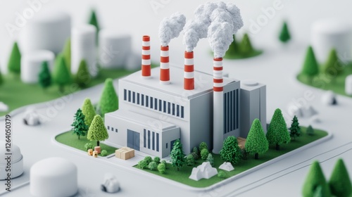 Miniature Factory with Smoke Stacks Surrounded by Trees and Rocks in a Green Landscape Environment