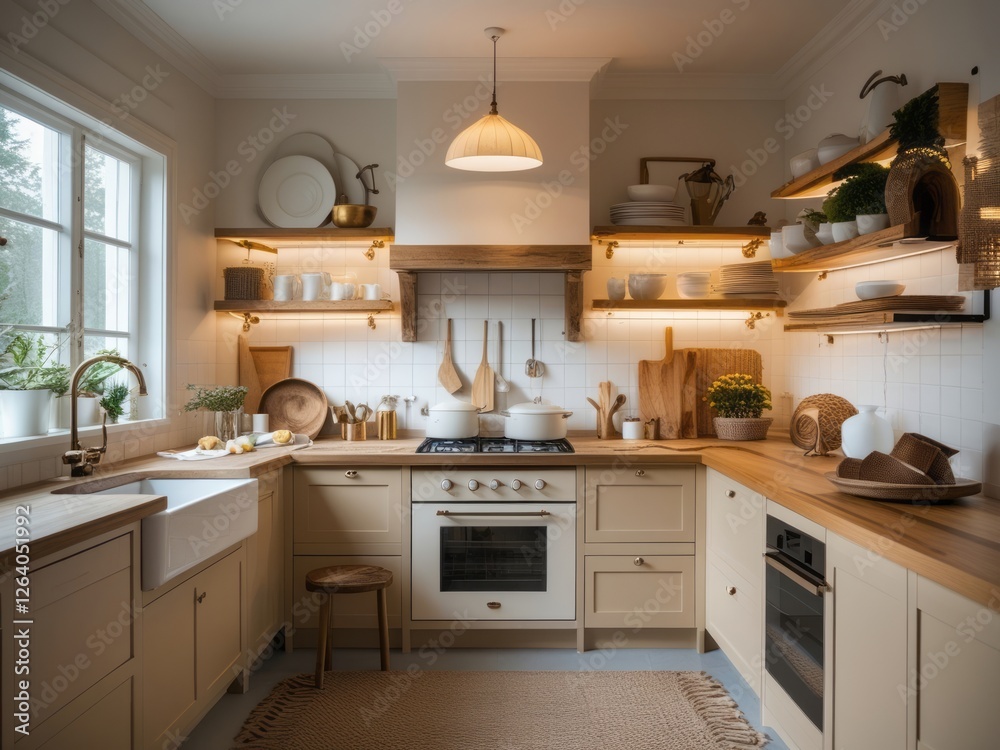 Rustic Kitchen Design With Light Wood Cabinets And Shelves