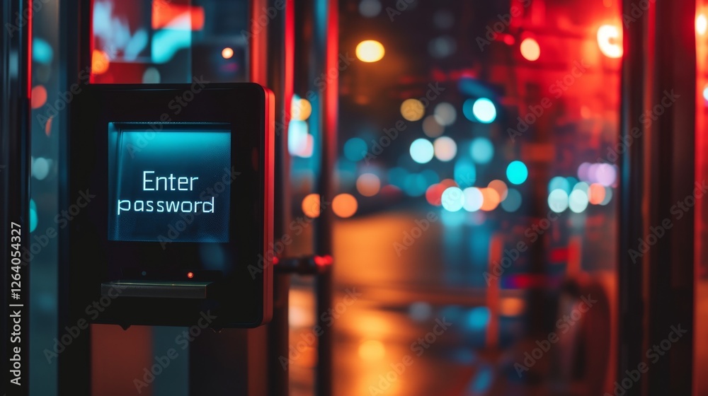 A high-tech access control system illuminated by neon lights at night, displaying a password prompt for secure entry, highlighting cybersecurity measures. AI generated.