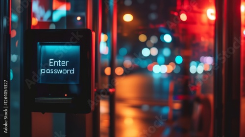 Obraz na płótnie A high-tech access control system illuminated by neon lights at night, displaying a password prompt for secure entry, highlighting cybersecurity measures. AI generated. w salonie