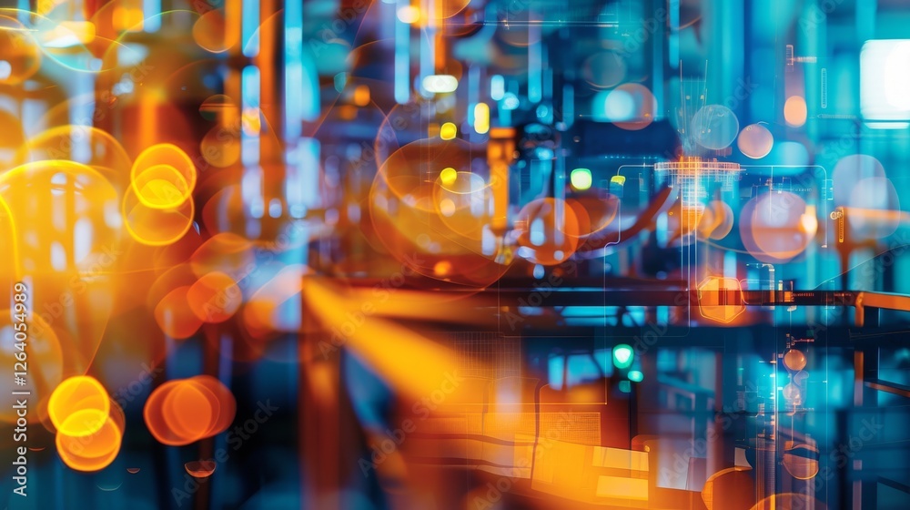 A visually striking abstract image of an advanced industrial automation system with digital overlays, glowing bokeh, and a cybernetic aesthetic. AI generated.