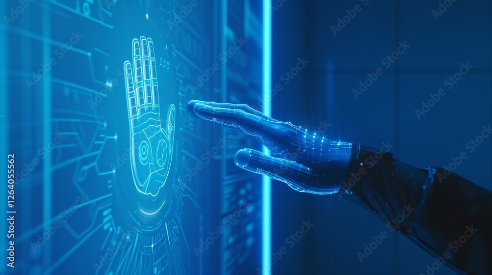 A robotic hand reaches out to scan a glowing biometric panel, symbolizing advanced security and AI-driven authentication technology in a high-tech setting. AI generated.