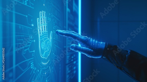 A robotic hand reaches out to scan a glowing biometric panel, symbolizing advanced security and AI-driven authentication technology in a high-tech setting. AI generated.