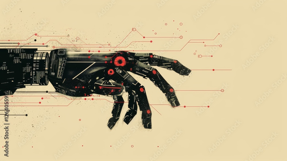 A robotic hand with intricate cybernetic details and red glowing circuits, symbolizing artificial intelligence, automation, and futuristic technology. A sci-fi inspired digital artwork. AI generated.