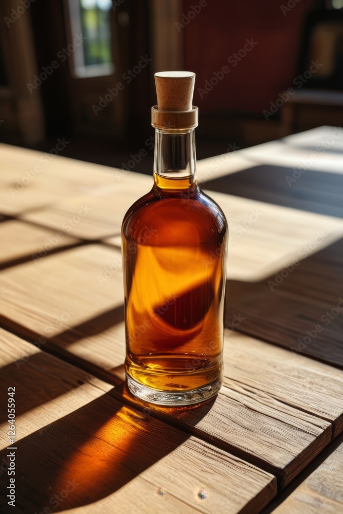 there is a bottle of whiskey sitting on a wooden table there is a bottle of whiskey sitting on a wooden table