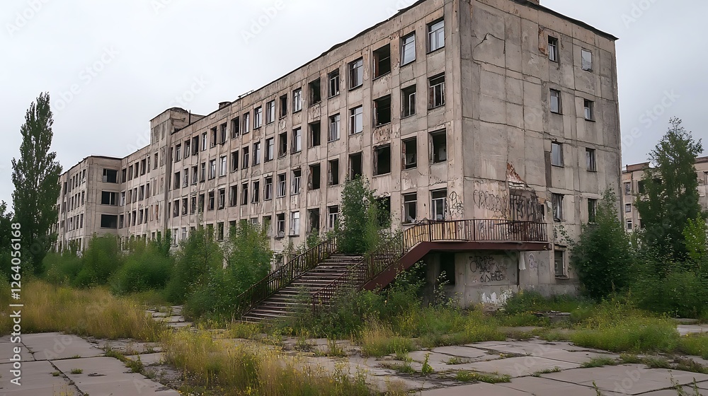 A decaying Soviet industrial building with overgrown walls, broken staircases, and rusted window grilles A decaying Soviet industrial building with overgrown walls, broken staircases, and rusted window grilles