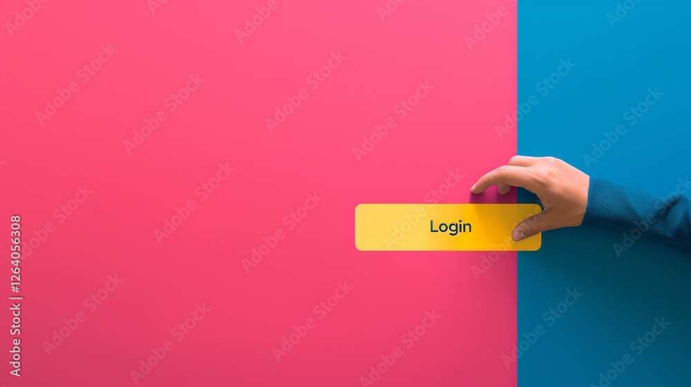 A human hand reaches for a login button in a minimalist and colorful abstract digital interface, symbolizing user access and modern authentication technology. AI generated.