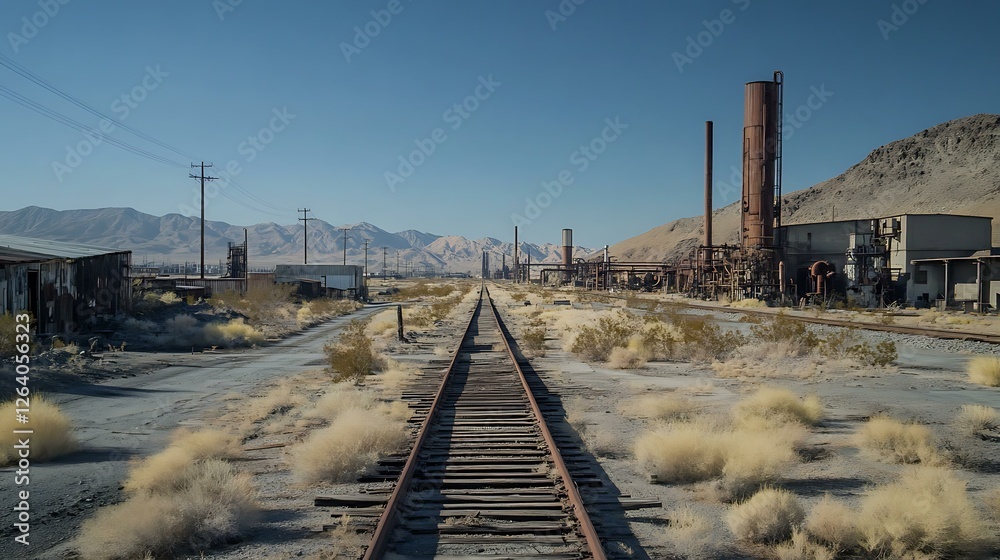 Fototapeta premium A desolate industrial ghost town with crumbling factories, rusted pipelines, and an eerie abandoned atmosphere