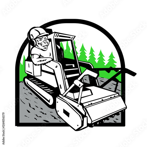 Mascot illustration of a cartoon beaver driving operating a skid steer mulcher with forest of trees set inside inverted shield shape  viewed from front on isolated background in retro style.
