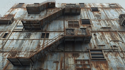 A dystopian megastructure featuring stacked and decayed industrial housing units, with massive external metal staircases
