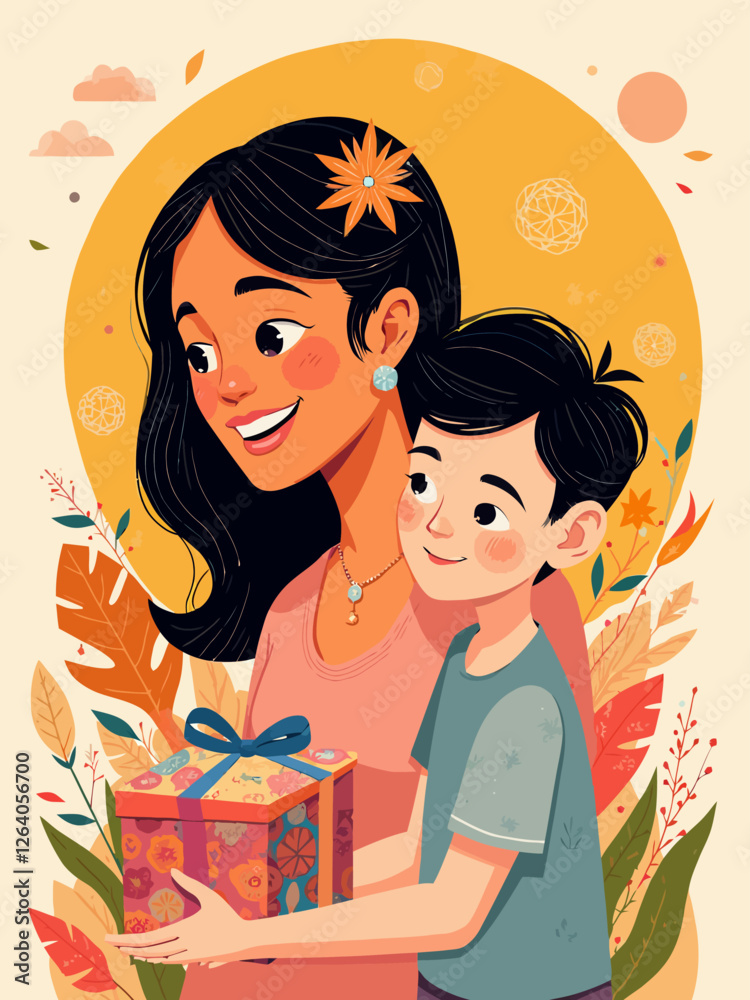 A pretty woman is overjoyed with a box of gifts, and a smiling young man is next to her A pretty woman is overjoyed with a box of gifts, and a smiling young man is next to her