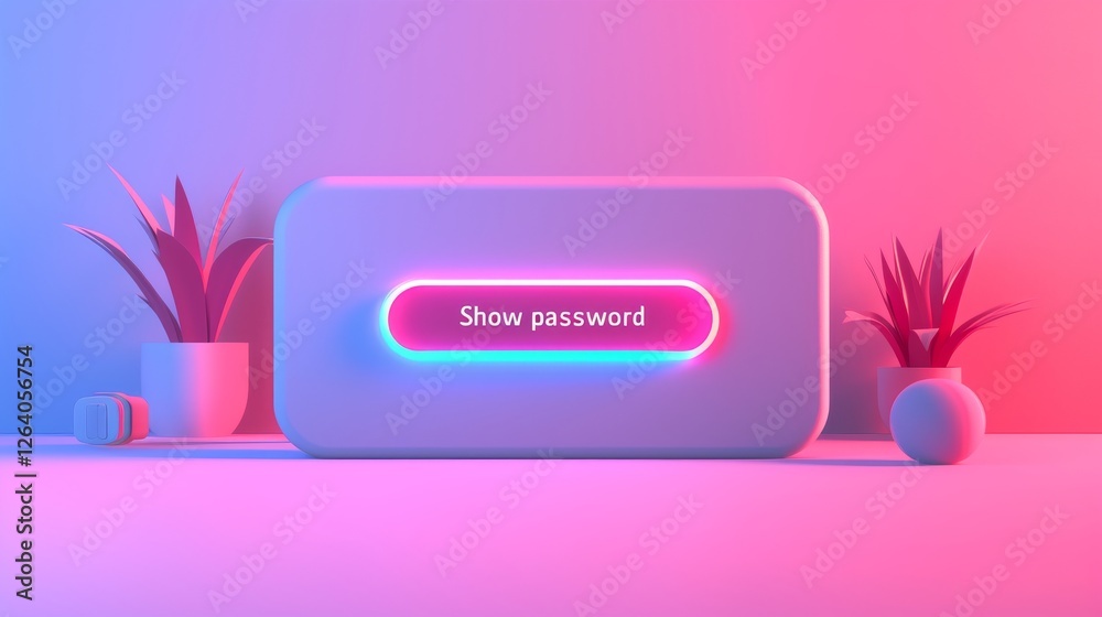 A futuristic UI button with neon glow displays Show password in a minimalist pastel environment. The cyber aesthetic and modern interface design create a sleek digital concept. AI generated.