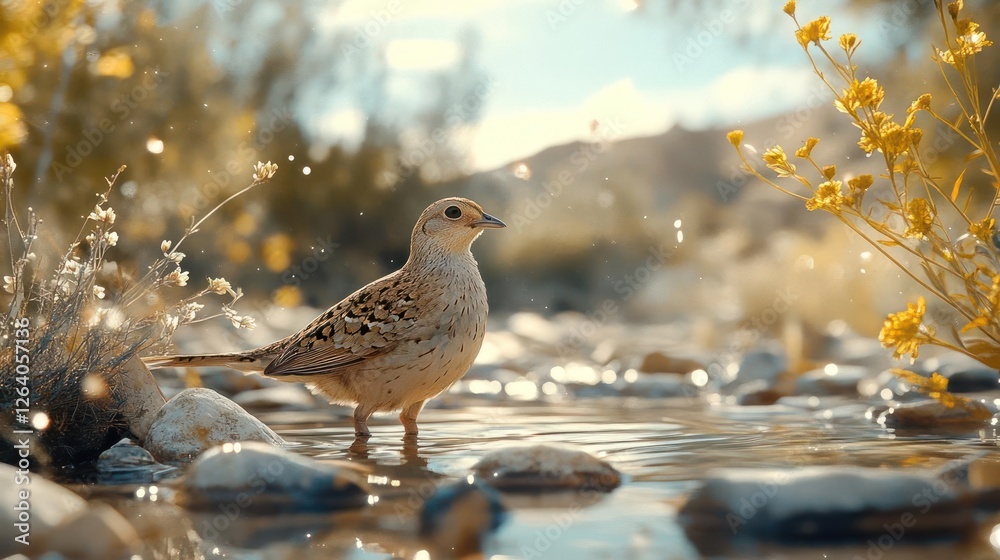 A small bird standing among flowers and rocks near a body of water A small bird standing among flowers and rocks near a body of water