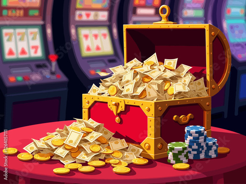  golden red chest full with paper money and golden coins on right side of the picture, poker chips next to chest, in casino with slot machines in the background out of focus
