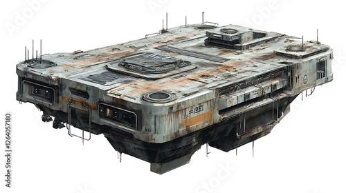 A futuristic skyscraper roof covered in grime, with HVAC systems and vents scattered across the surface, isolated on white