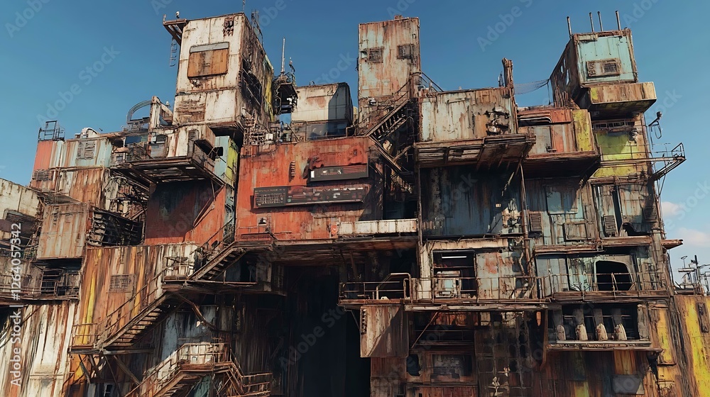 A futuristic slum settlement made from scavenged metal, featuring towering makeshift buildings and rusting staircases A futuristic slum settlement made from scavenged metal, featuring towering makeshift buildings and rusting staircases