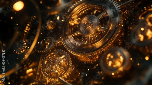 Wallpaper Mural Cogs of Industry: A mesmerizing close-up of intricate metal gears, their polished surfaces catching the warm light, creating a captivating abstract that evokes the power and precision of machinery. Torontodigital.ca