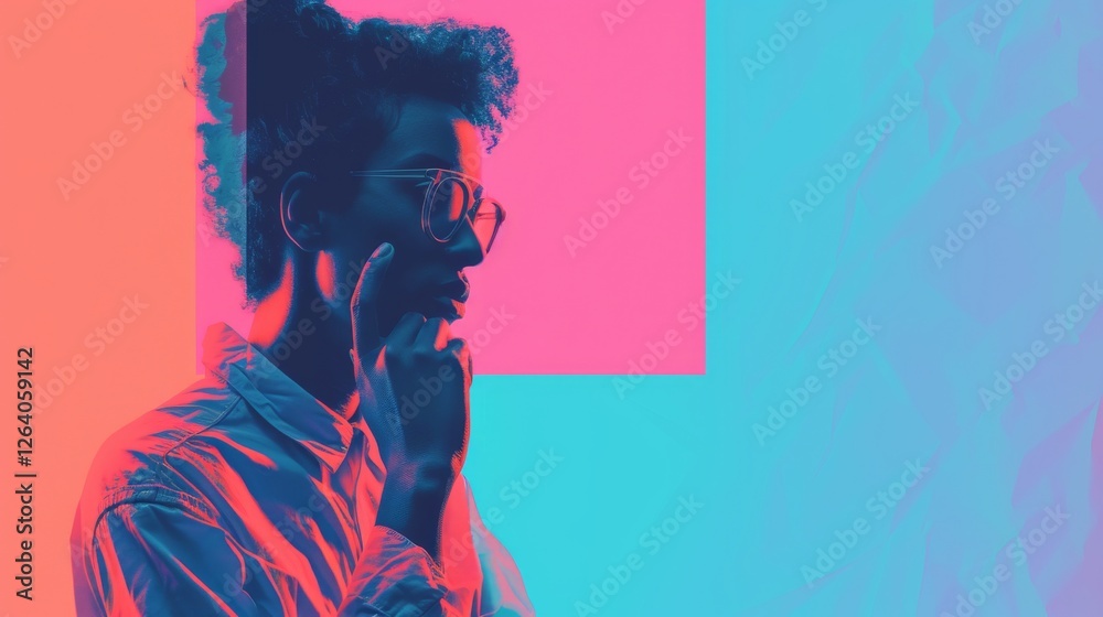 A futuristic digital artwork of a man deep in thought, illuminated by neon pink and blue lights. The abstract cyberpunk design creates a modern, tech-inspired atmosphere. AI generated.