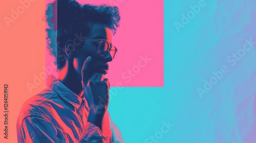 Obraz na płótnie A futuristic digital artwork of a man deep in thought, illuminated by neon pink and blue lights. The abstract cyberpunk design creates a modern, tech-inspired atmosphere. AI generated. w salonie