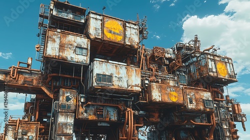 A massive dystopian megacity featuring stacked industrial housing units with rusted metal facades and external piping