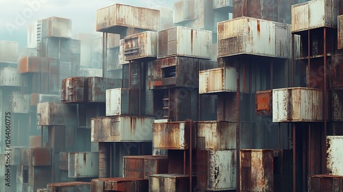 A massive dystopian megacity featuring stacked industrial housing units with rusted metal facades and external piping