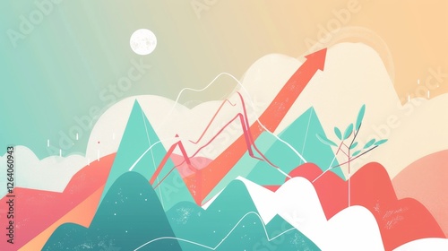 A stylized abstract landscape with mountains, upward arrows, and data lines representing financial growth and success. A conceptual blend of nature and business. AI generated.