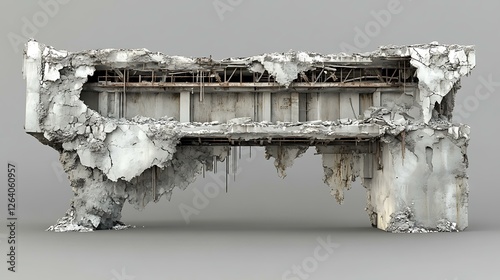 A massive post-apocalyptic building facade, partially collapsed, revealing metal framework and eroded surfaces