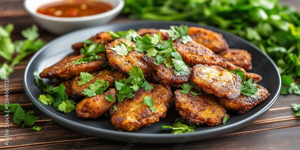 Fried plantains, cilantro, sauce, wood table. Recipe Fried plantains, cilantro, sauce, wood table. Recipe