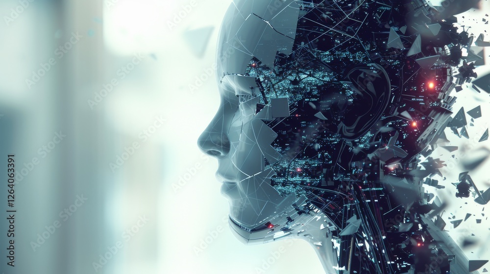 A futuristic AI humanoid profile with a fragmented digital effect, symbolizing artificial intelligence, human-machine interaction, and technological advancement. AI generated.