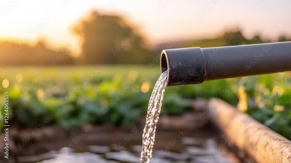 close up of black irrigation pipe releasing water into field, showcasing importance of water in agriculture