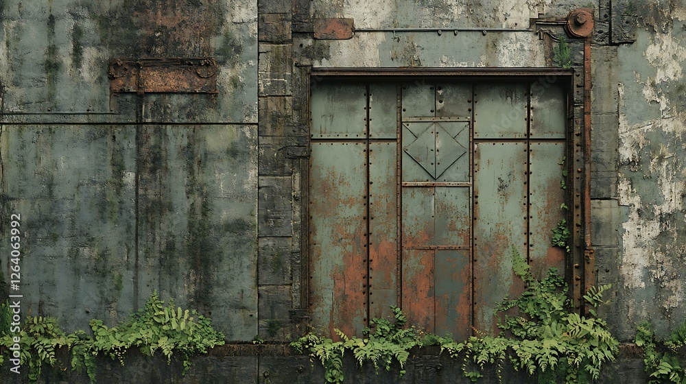 A weathered old factory wall with rust-streaked bricks, moss growth, and broken-down industrial doors